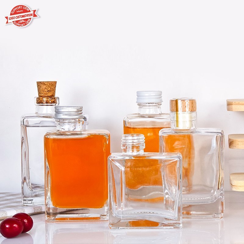 Fashion 200ml 280ml Clear Empty Crooked Mouth Square Beverage Milk Tea Juice Coffee Wine Bottles Glass Bottle with Cork Stopper