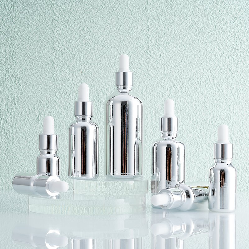 Hot Stamping Silver Essential Oil Bottle with Dropper 30ml 60ml Skincare Facial Oil Glass Dropper Bottle Hair Oil Bottle
