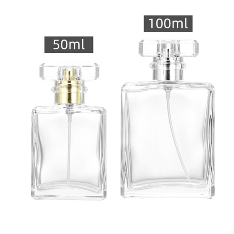 Spot supply Luxury Recyclable 20ml 30ml 50ml 100ml Transparent Square Glass Perfume Bottle With Pump Spray Cap