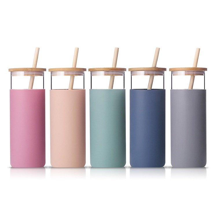 20oz Water Bottle Glass Tumbler Straw Wide Mouth Smoothie Cups Silicone Protective Sleeve Adult Drinkware Bamboo Lids Direct