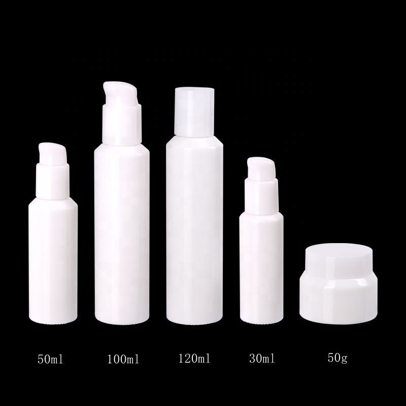 Inclined shoulder opal glass bottles 30 ml 50 ml 100 ml 120 ml white cosmetic bottle and 50 gram opaque white glass cream jar