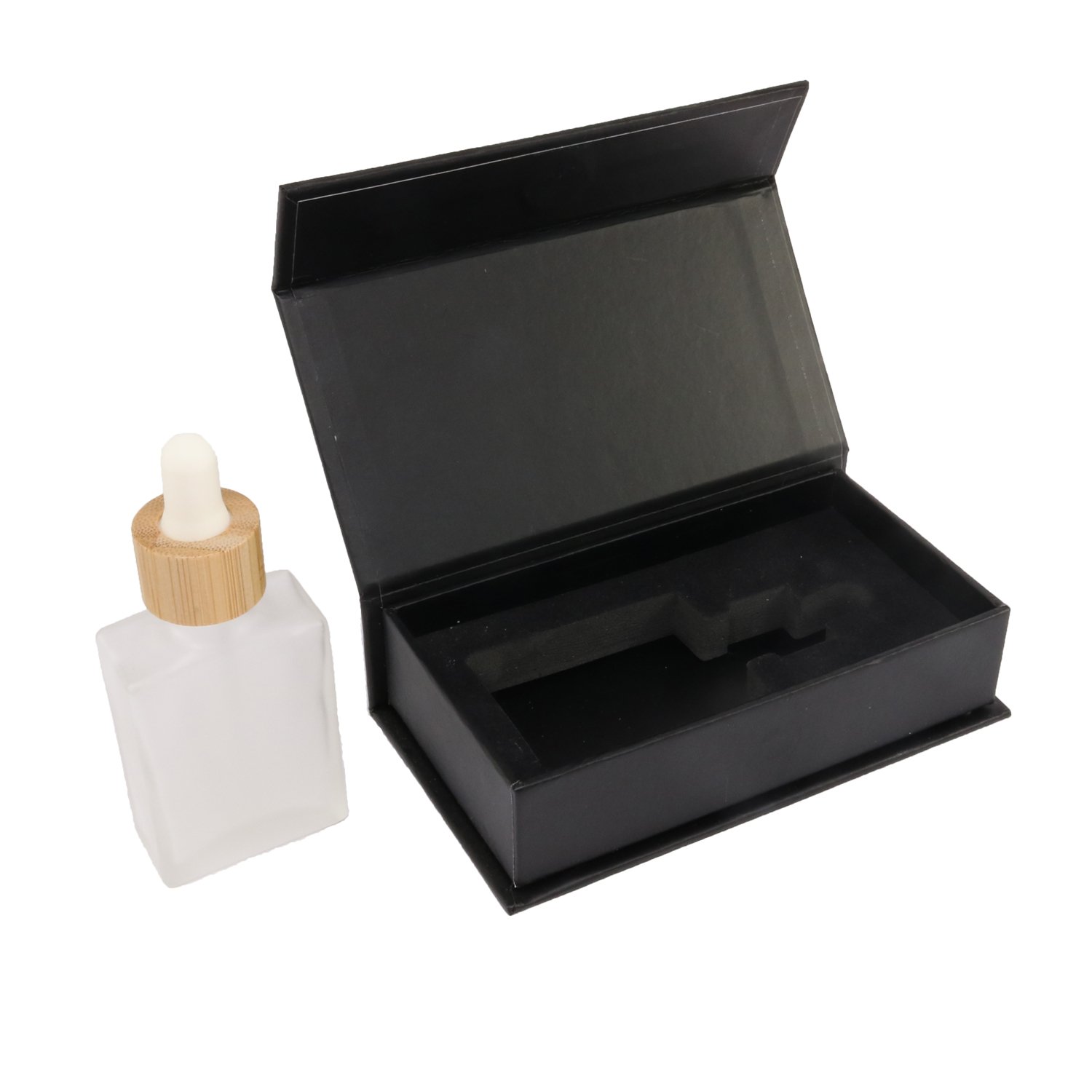 In Stock 15ml 30ml Black Square Rectangle Glass Essential Oil Bamboo Dropper Bottle With Packaging Box
