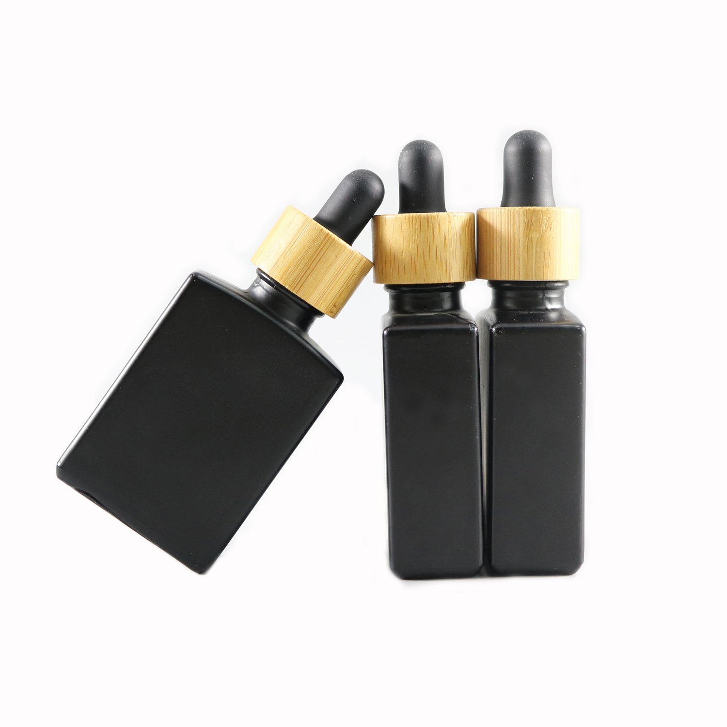 In Stock 15ml 30ml Black Square Rectangle Glass Essential Oil Bamboo Dropper Bottle With Packaging Box