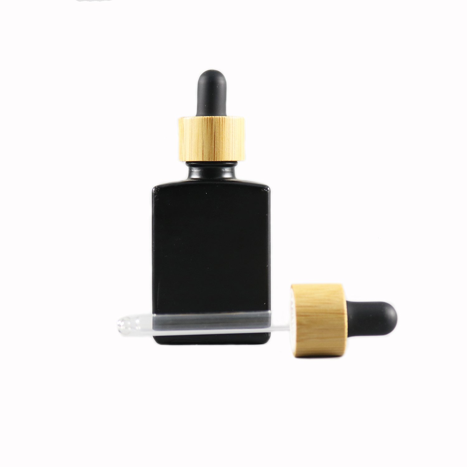 In Stock 15ml 30ml Black Square Rectangle Glass Essential Oil Bamboo Dropper Bottle With Packaging Box