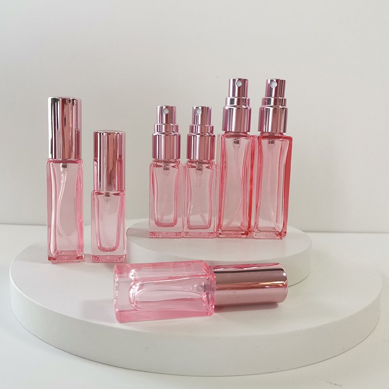 Rose Gold Collection 5ml 10ml square pink glass perfume spray bottle with rose gold fine mist sprayer