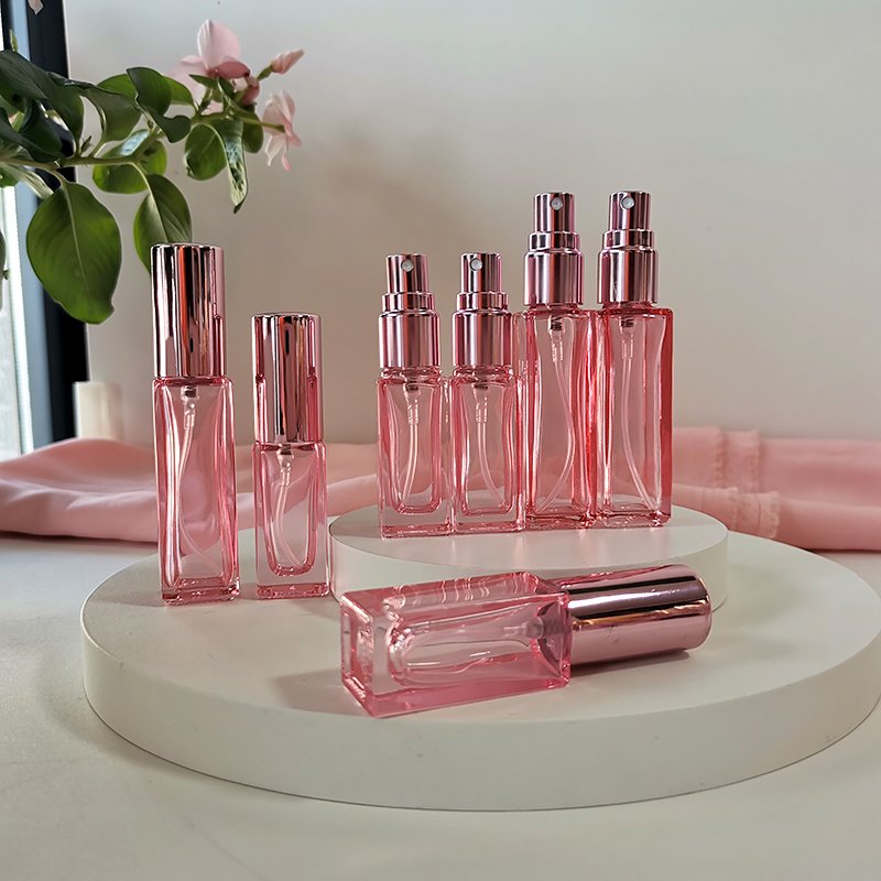 Rose Gold Collection 5ml 10ml square pink glass perfume spray bottle with rose gold fine mist sprayer