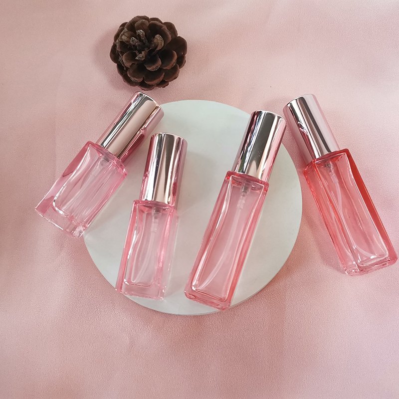 Rose Gold Collection 5ml 10ml square pink glass perfume spray bottle with rose gold fine mist sprayer