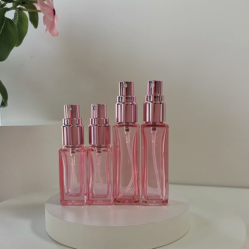 Rose Gold Collection 5ml 10ml square pink glass perfume spray bottle with rose gold fine mist sprayer