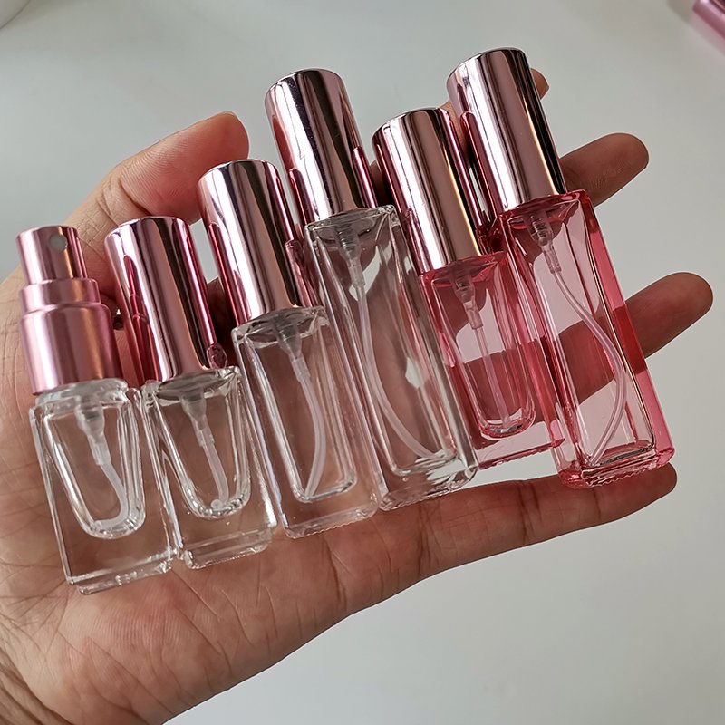 Rose Gold Collection 5ml 10ml square pink glass perfume spray bottle with rose gold fine mist sprayer