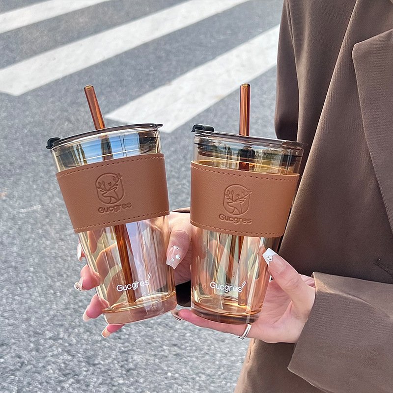 Thick Glass Water Bottles Milk Juice Drinking Mugs With Straw And Silicone Protective Sleeve
