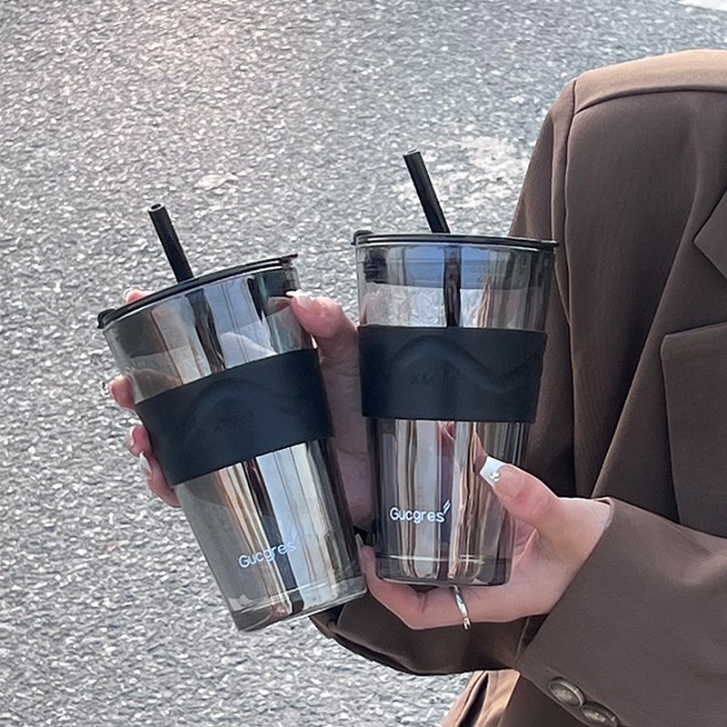 Thick Glass Water Bottles Milk Juice Drinking Mugs With Straw And Silicone Protective Sleeve