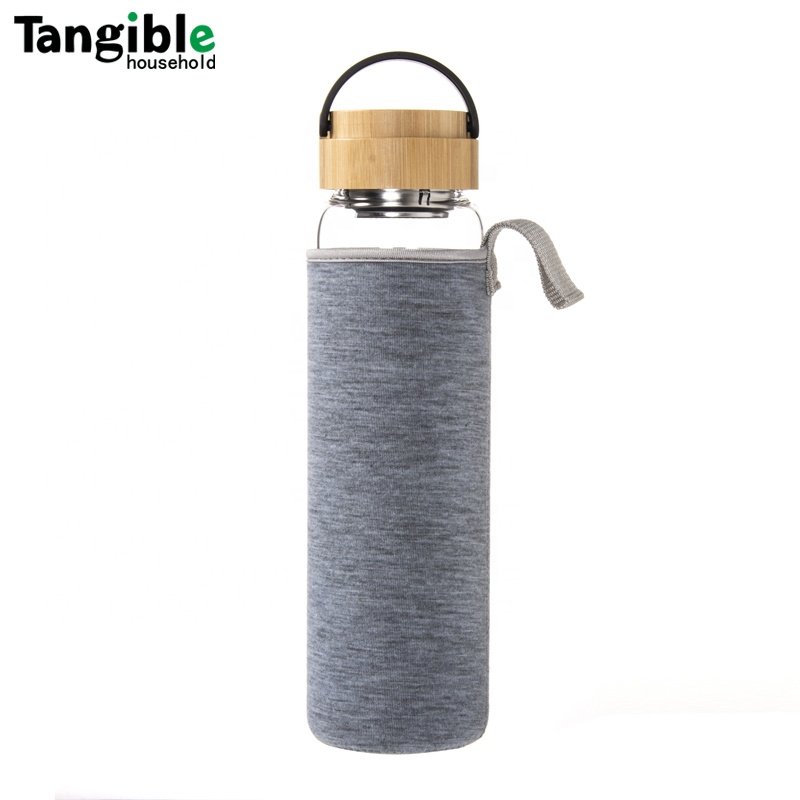 34 OZ high borosilicate glass water bottle with stainless infuser bamboo lid and fabric sleeve