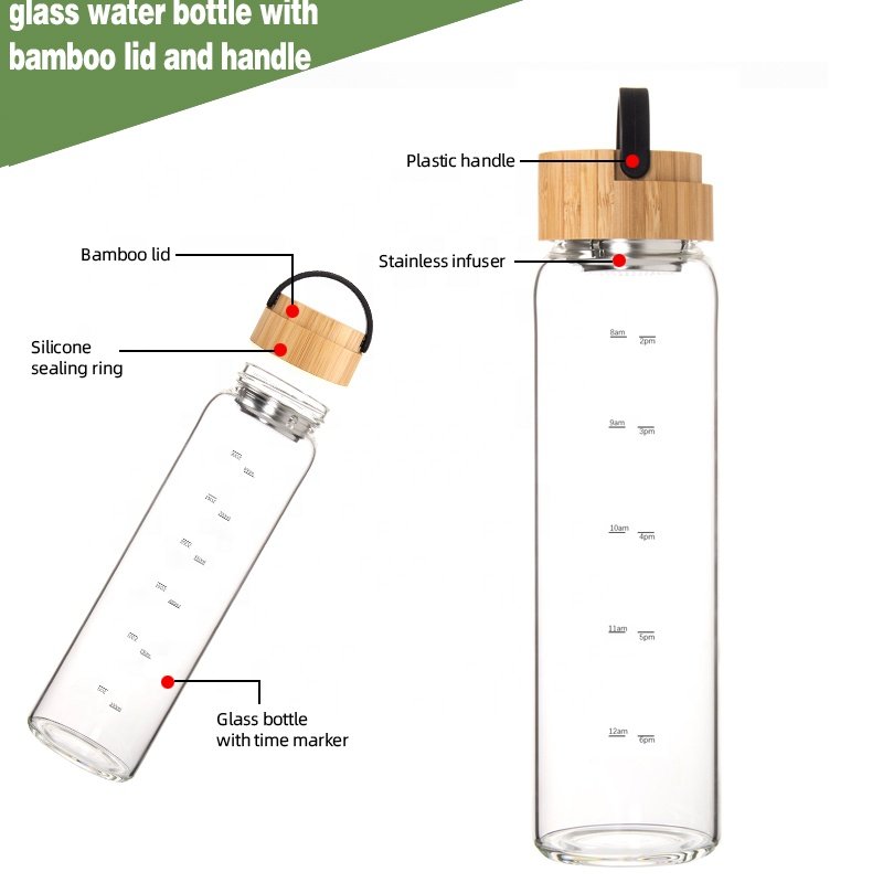 34 OZ high borosilicate glass water bottle with stainless infuser bamboo lid and fabric sleeve