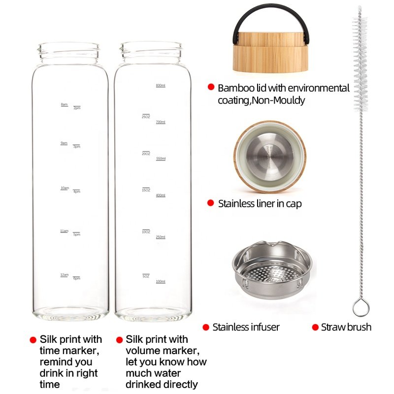34 OZ high borosilicate glass water bottle with stainless infuser bamboo lid and fabric sleeve
