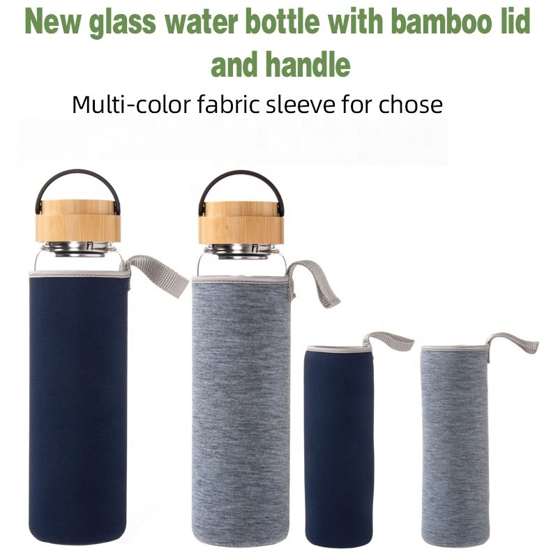 34 OZ high borosilicate glass water bottle with stainless infuser bamboo lid and fabric sleeve