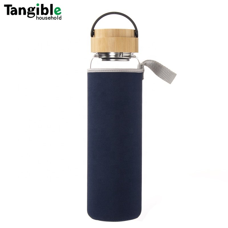 34 OZ high borosilicate glass water bottle with stainless infuser bamboo lid and fabric sleeve