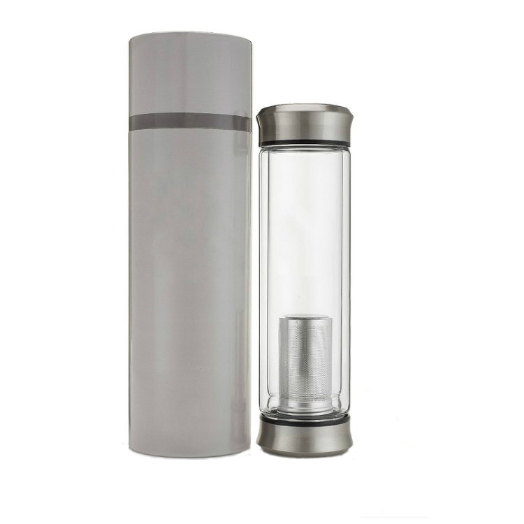 Custom glass bottle tea infuser, double wall glass water bottle with handle