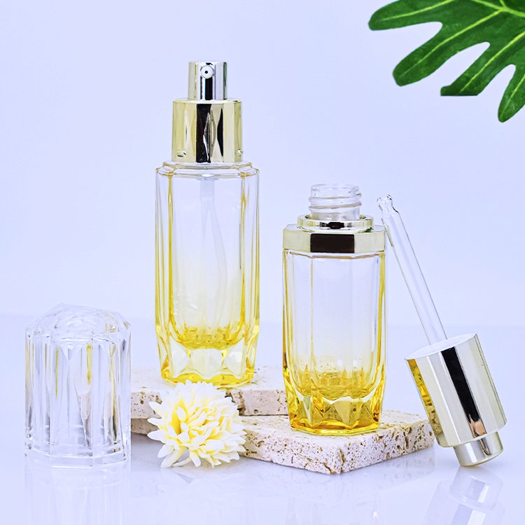 Serum Dropper Pump Polygon Glass Luxury Container 30mL Packaging Set Transparent Bottle 100mL 120mL can be Customized