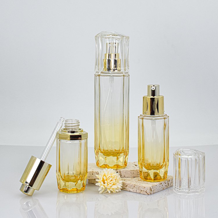 Serum Dropper Pump Polygon Glass Luxury Container 30mL Packaging Set Transparent Bottle 100mL 120mL can be Customized