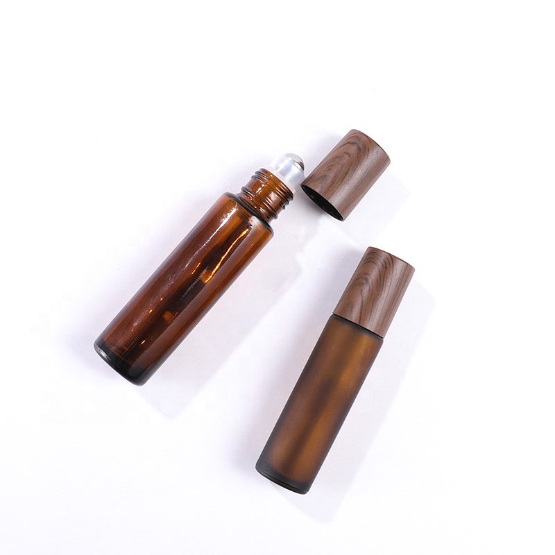 5ml 10ml matte amber glass bottles dark wood bamboo lids stainless steel roller ball refillable essential oil roll on bottle