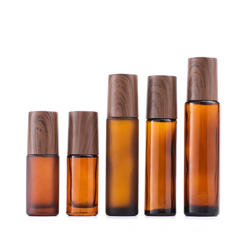 5ml 10ml matte amber glass bottles dark wood bamboo lids stainless steel roller ball refillable essential oil roll on bottle