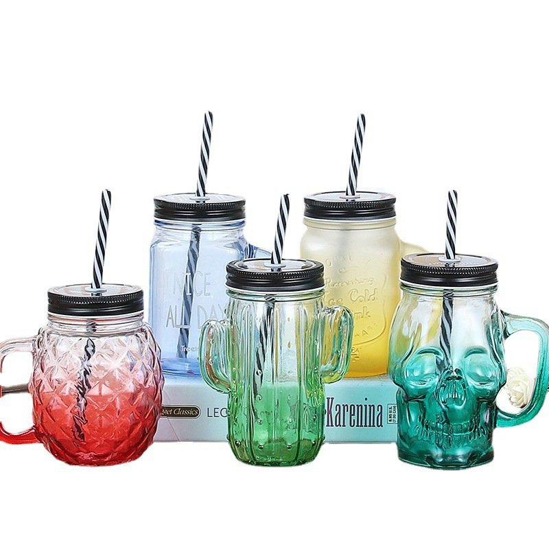 JM Bestselling Food Grade 16oz 24oz Color Mason Glass Candy Food Jars Bottle with Split Type Tinplate Lids and Straw