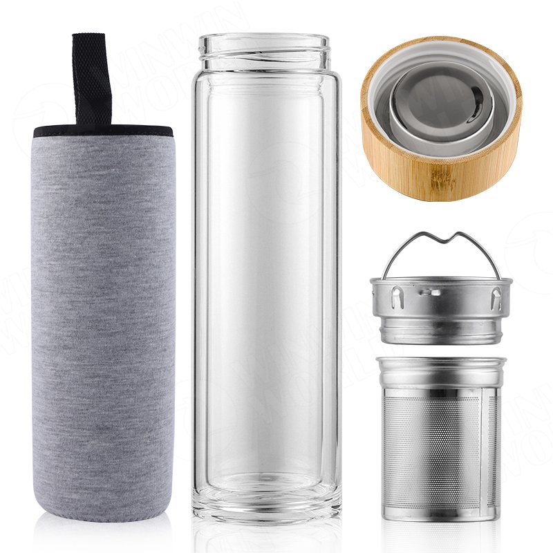 Glass Water Bottle With Filter With Nature Bamboo Lid Glass Bottle With Custom Printing Double Wall Glass Bottle Water