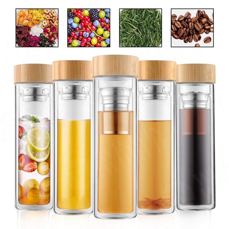Glass Water Bottle With Filter With Nature Bamboo Lid Glass Bottle With Custom Printing Double Wall Glass Bottle Water