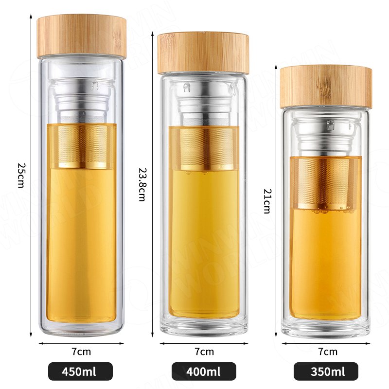 Glass Water Bottle With Filter With Nature Bamboo Lid Glass Bottle With Custom Printing Double Wall Glass Bottle Water
