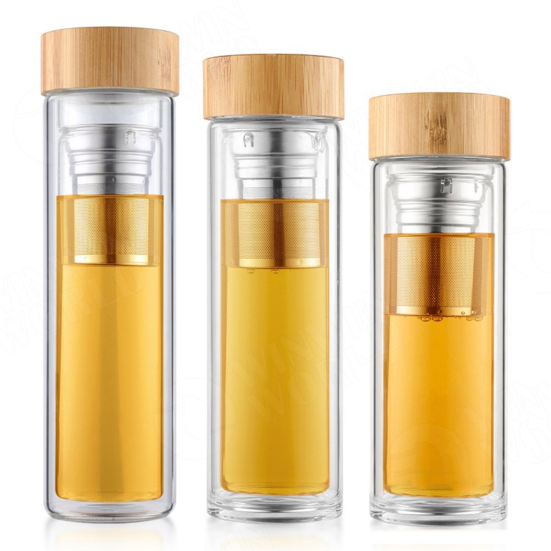 Glass Water Bottle With Filter With Nature Bamboo Lid Glass Bottle With Custom Printing Double Wall Glass Bottle Water