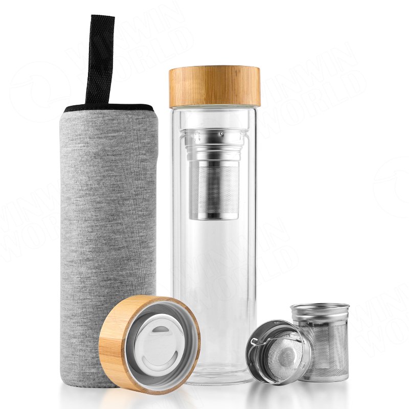 Glass Water Bottle With Filter With Nature Bamboo Lid Glass Bottle With Custom Printing Double Wall Glass Bottle Water