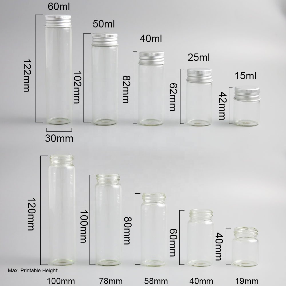 Transparent 15ml 25ml 40ml 50ml 60ml glass bottle with screw cap Aluminum Silver lid Empty Refillable Storage Tube Screw top