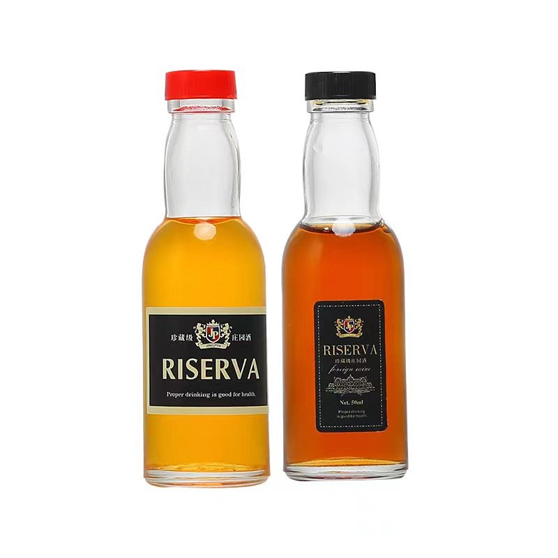 whiskey small mini sample glass bottle with lid50ml 100ml Mini Empty Juice Beverage Clear Glass Bottle with Silver Screw Caps