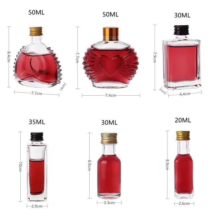 whiskey small mini sample glass bottle with lid50ml 100ml Mini Empty Juice Beverage Clear Glass Bottle with Silver Screw Caps