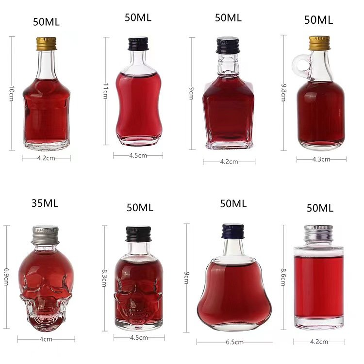 whiskey small mini sample glass bottle with lid50ml 100ml Mini Empty Juice Beverage Clear Glass Bottle with Silver Screw Caps