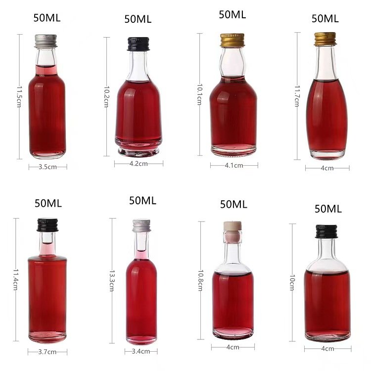 whiskey small mini sample glass bottle with lid50ml 100ml Mini Empty Juice Beverage Clear Glass Bottle with Silver Screw Caps