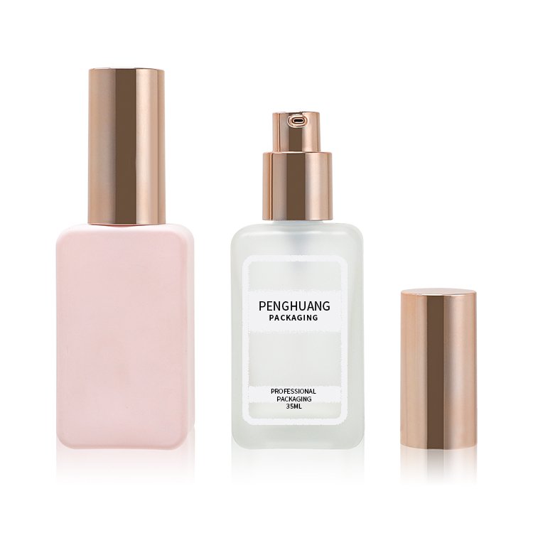 Custom pink 35ml glass foundation bottle wholesale gold lotion pump square skin care packaging glass cosmetic foundation bottle