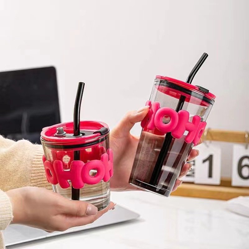 Modern creative letter shaped, high-quality, stylish and stylish double drinking straw glass cup