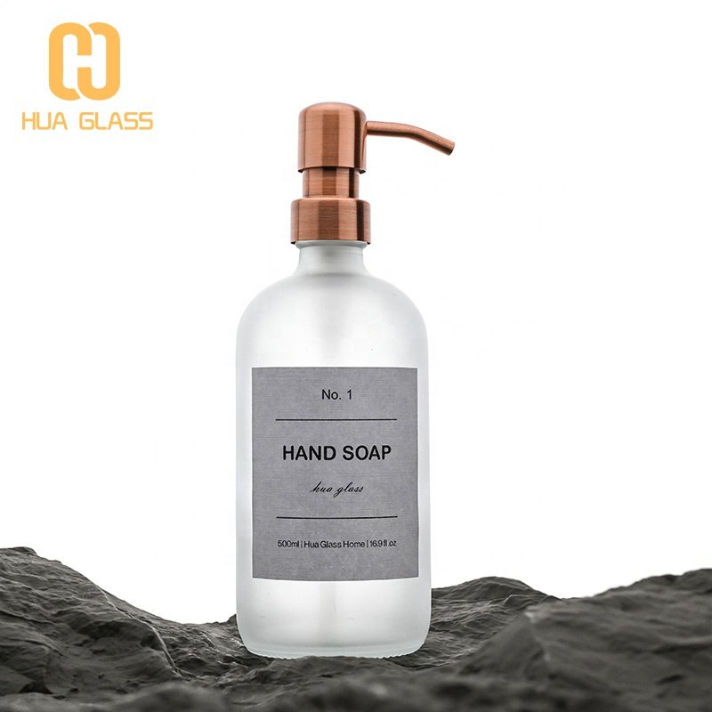 16 oz 500ml clear amber blue green boston round glass bottle with stainless steel lotion soap dispenser