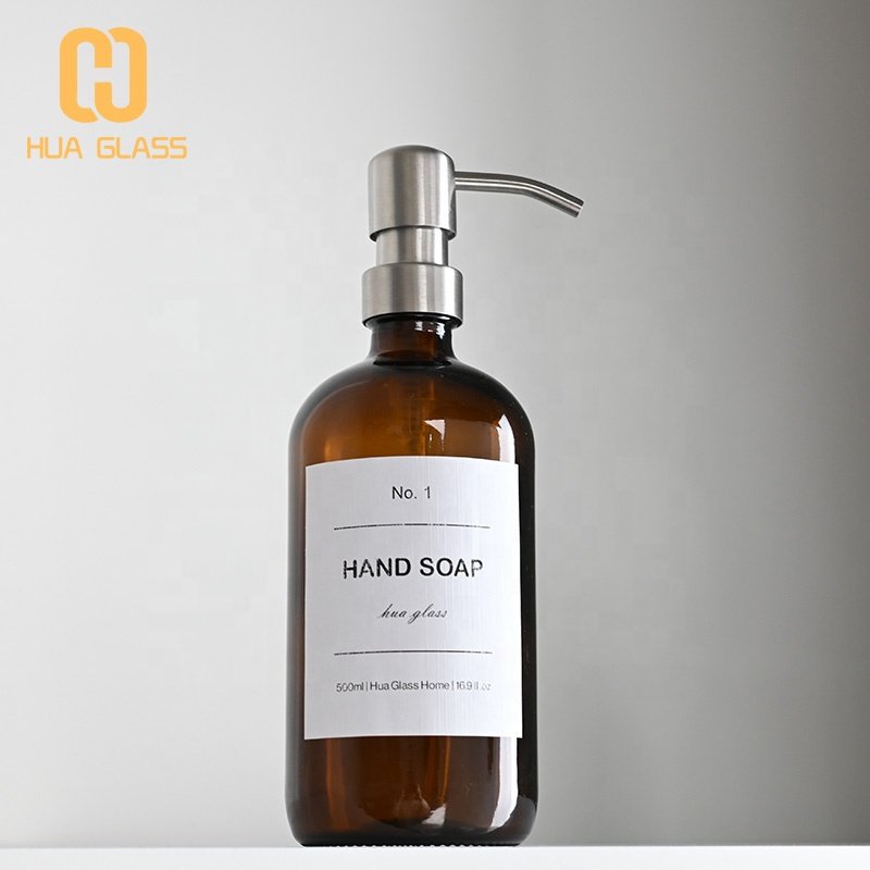 16 oz 500ml clear amber blue green boston round glass bottle with stainless steel lotion soap dispenser