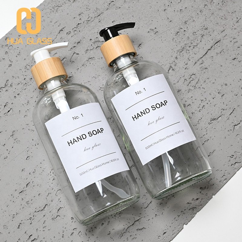 16 oz 500ml clear amber blue green boston round glass bottle with stainless steel lotion soap dispenser