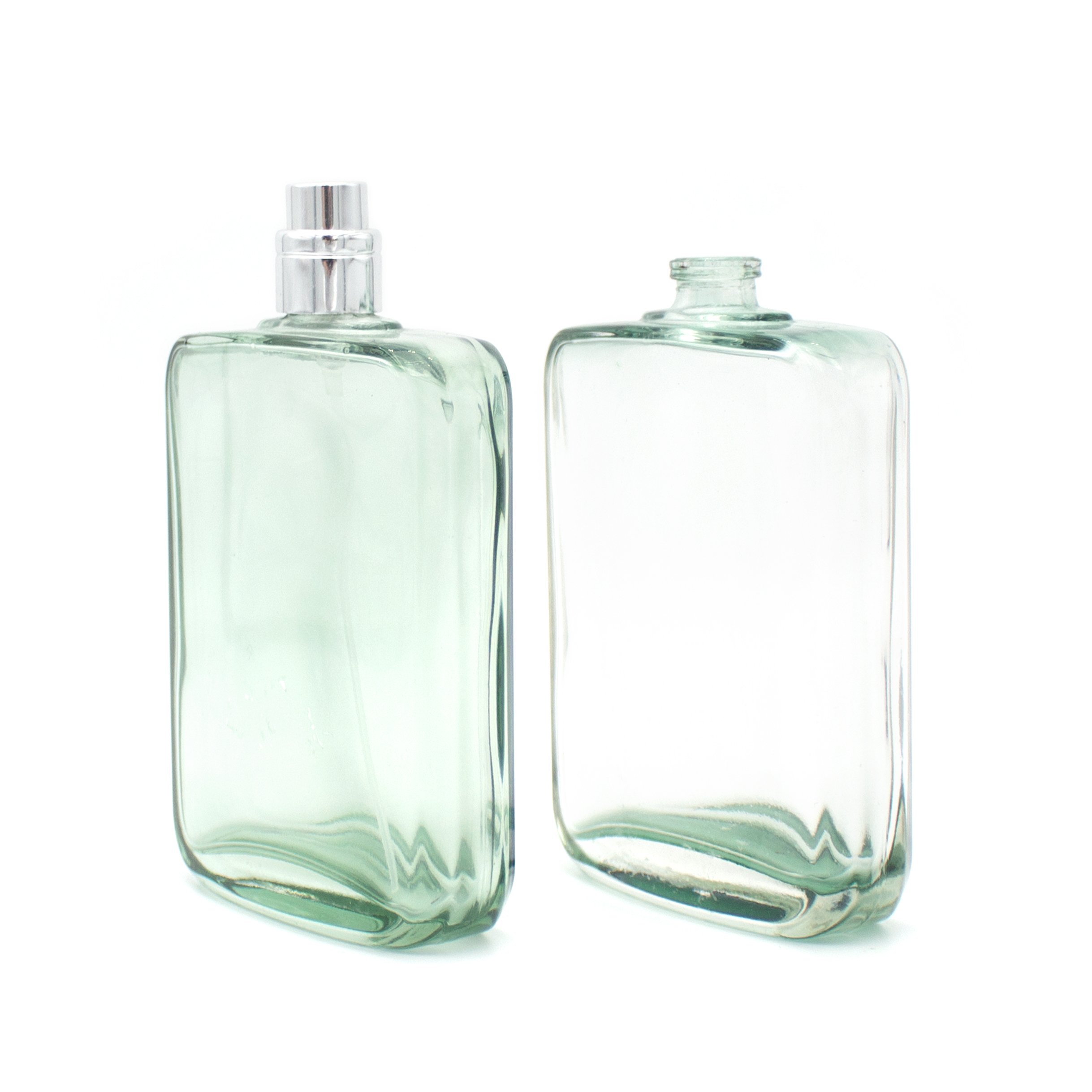 China manufacturer clear green atomizer flat shoulder rectangular men glass spray refillable 100ml perfume bottle