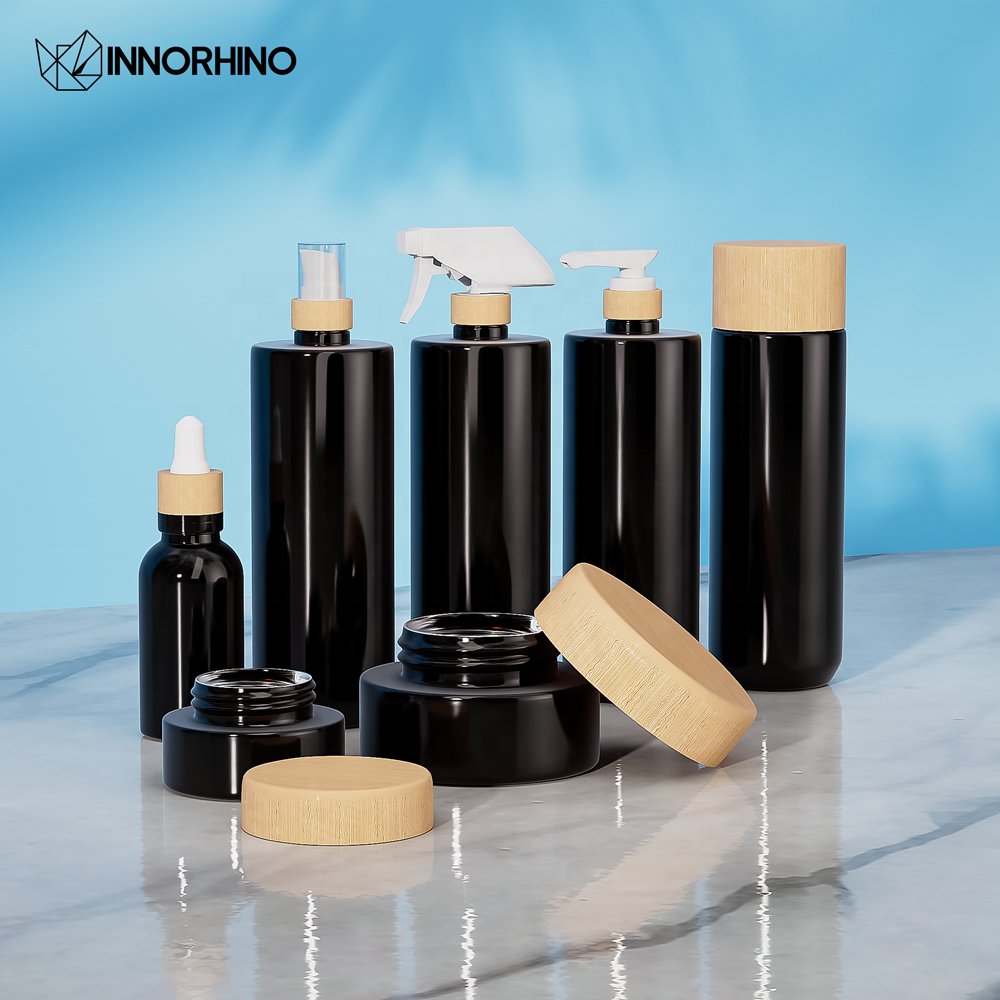 Bamboo Lid Frosted Custom 200ml Small Mini Glass Spray Dropper Cosmetic Skincare Bottle