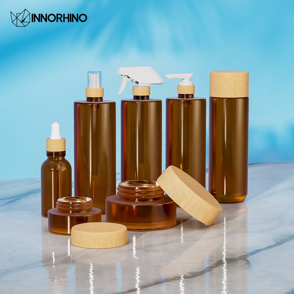 Bamboo Lid Frosted Custom 200ml Small Mini Glass Spray Dropper Cosmetic Skincare Bottle
