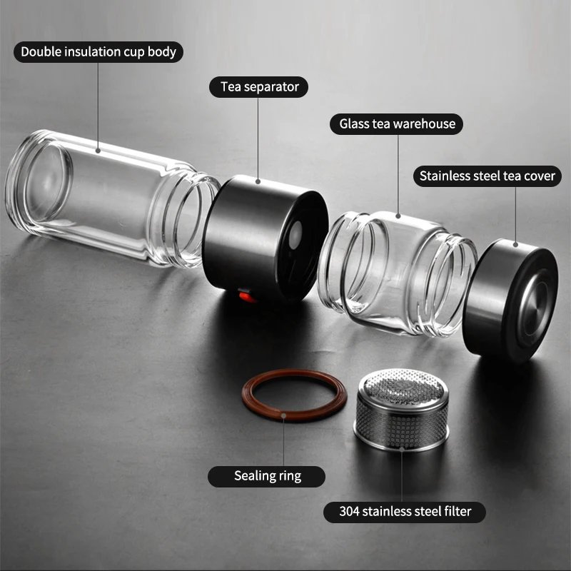 2024 CHUFENG 400ml Glass Water Bottle With Loose Leaf Tea Strainer Tea Infuser Double Wall Glass Bottle Thermos Cup