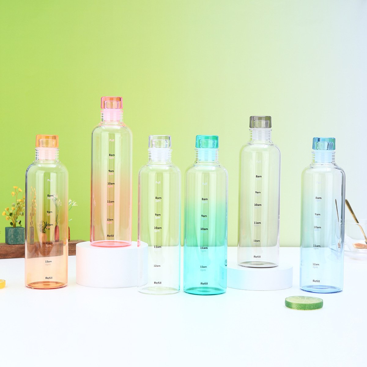 Reusable 500ml Gradient water bottle student custom logo advertising gift glass milk fruit juice water bottle with time marker
