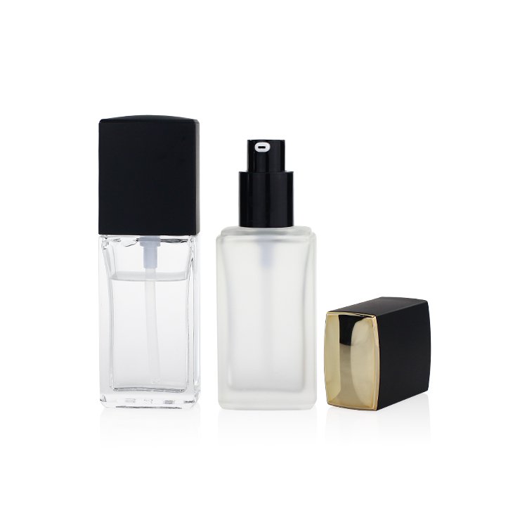 square shaped 30ml empty cosmetic bottles frosted liquid foundation glass bottle with gold top pump