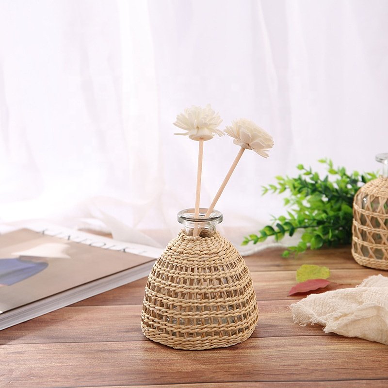 Reusable Sea Grass Woven Glass Cup with Rattan Seagrass Bottle Sleeve For Cold Drinks Seagrass Wrapped Drinking Glass Bottle