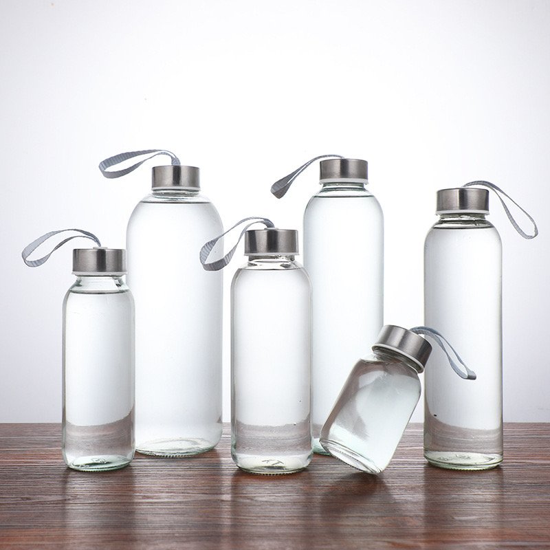 cheap 150ml 250ml 300ml 420ml 500ml 750ml 1000ml round glass bottle for water with stainless steel lid with line wholesale