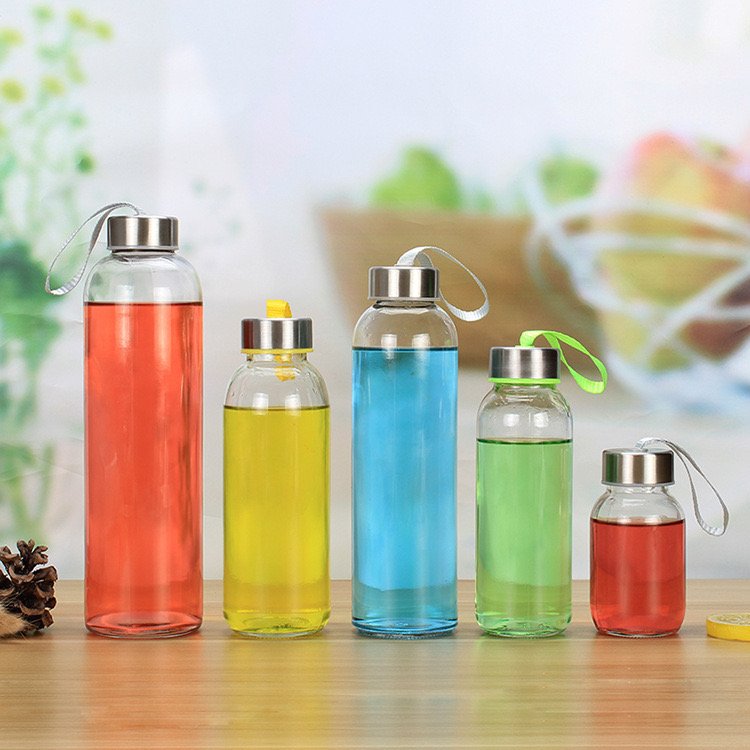 cheap 150ml 250ml 300ml 420ml 500ml 750ml 1000ml round glass bottle for water with stainless steel lid with line wholesale